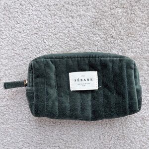 Sézane Dark Green Quilted Velvet Cosmetic Pouch